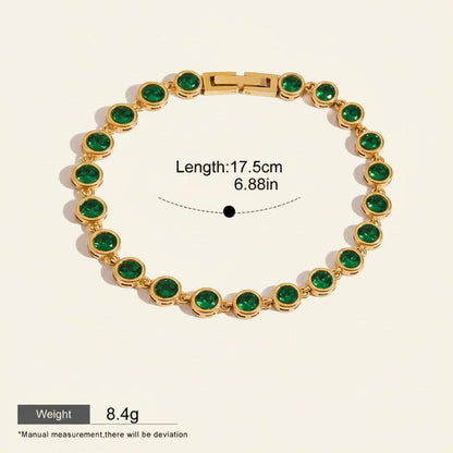 Seraphina Treasures gold-tone bracelet with round green zirconia stones, 17.5cm length, waterproof and hypoallergenic.