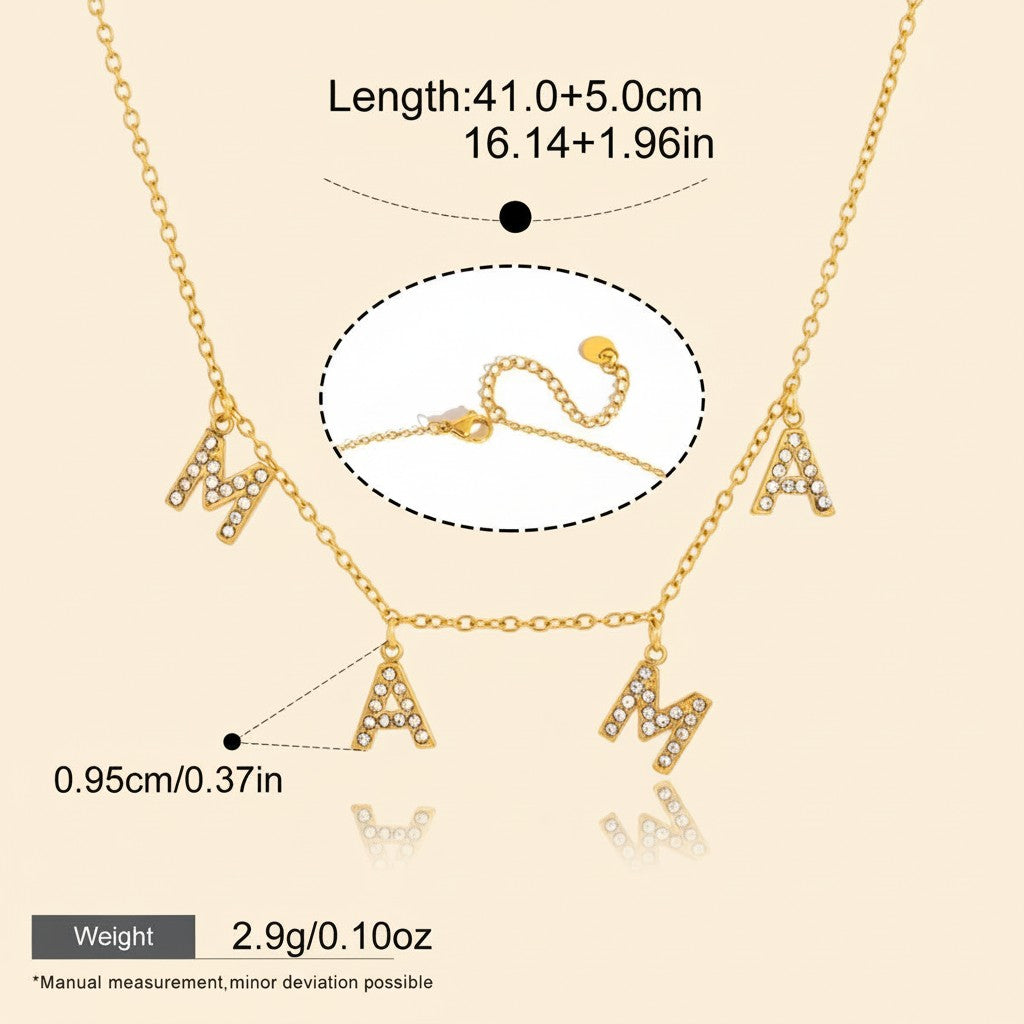 Seraphina Treasures gold-tone necklace with crystal-studded "MAMA" letters, adjustable chain, ideal for Mother's Day.